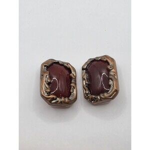 Deep Red Center W/ Ornate Copper Color Frame Clip-on Earrings 1"